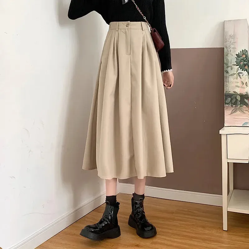 Amozae-Vintage High-waisted Skirt Women's  Autumn Winter New Korean Style Slimming Mid-length Dress Trendy Wide Hem A- line Skirt