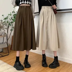 Amozae-Vintage High-waisted Skirt Women's  Autumn Winter New Korean Style Slimming Mid-length Dress Trendy Wide Hem A- line Skirt