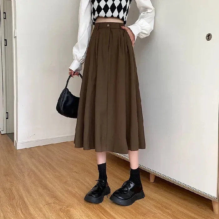 Amozae-Vintage High-waisted Skirt Women's  Autumn Winter New Korean Style Slimming Mid-length Dress Trendy Wide Hem A- line Skirt