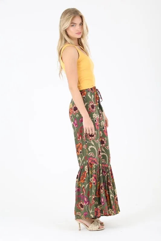 Angie Boho Floral Print Palazzo Pants - Olive