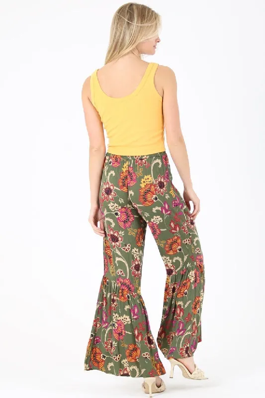 Angie Boho Floral Print Palazzo Pants - Olive