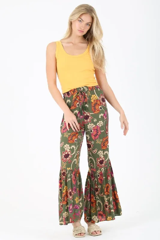 Angie Boho Floral Print Palazzo Pants - Olive