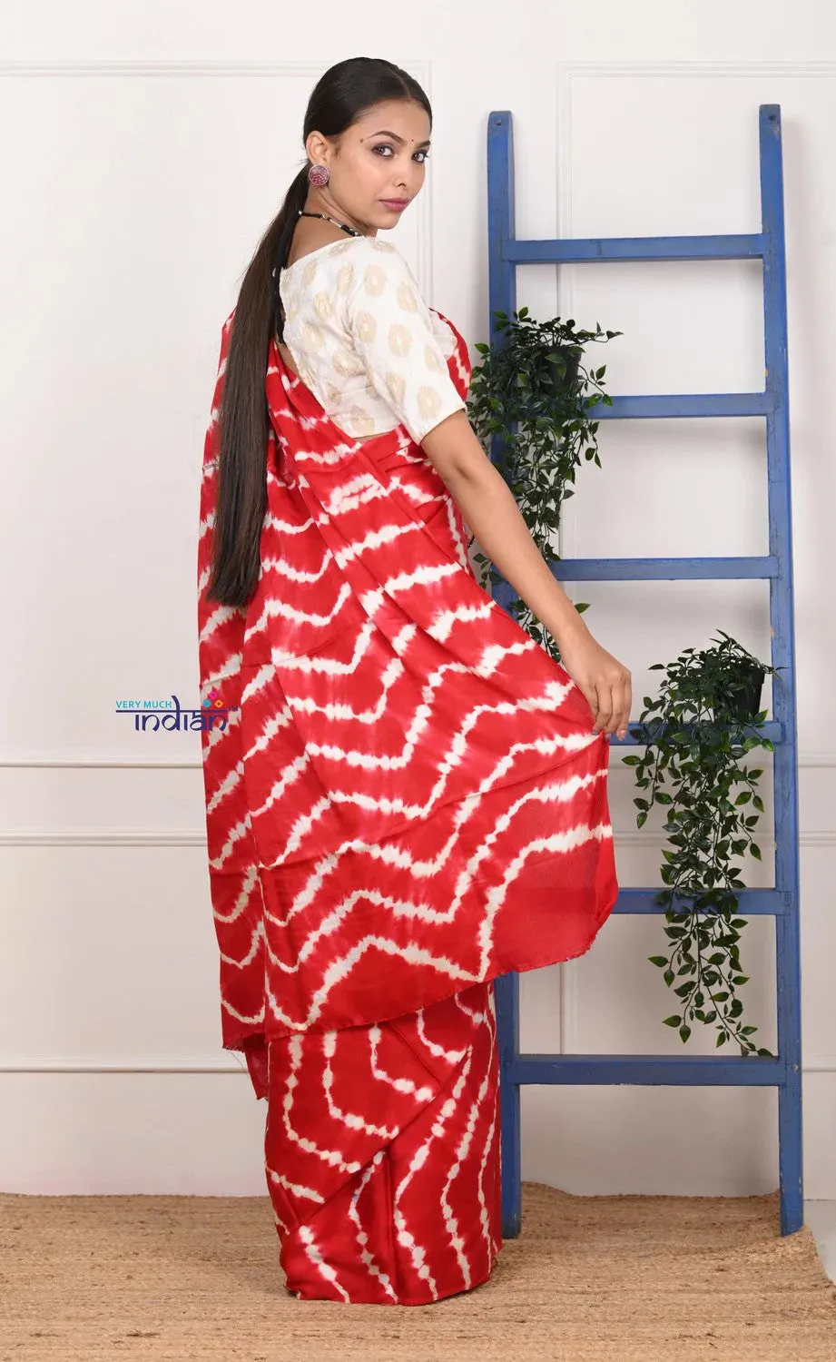 Authentic! Handmade Tie and Dye Modal Silk Hot Red Lehriya Saree By Women Weavers