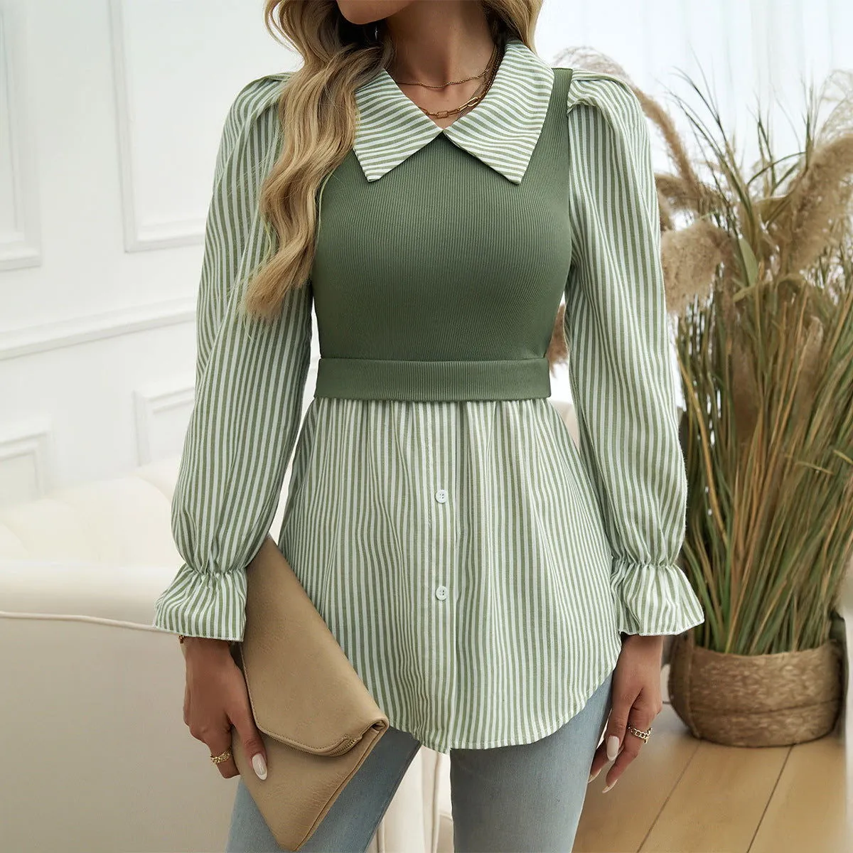 Autumn Winter Top Women Bubble Sleeve Casual Color Contrast Patchwork Shirt