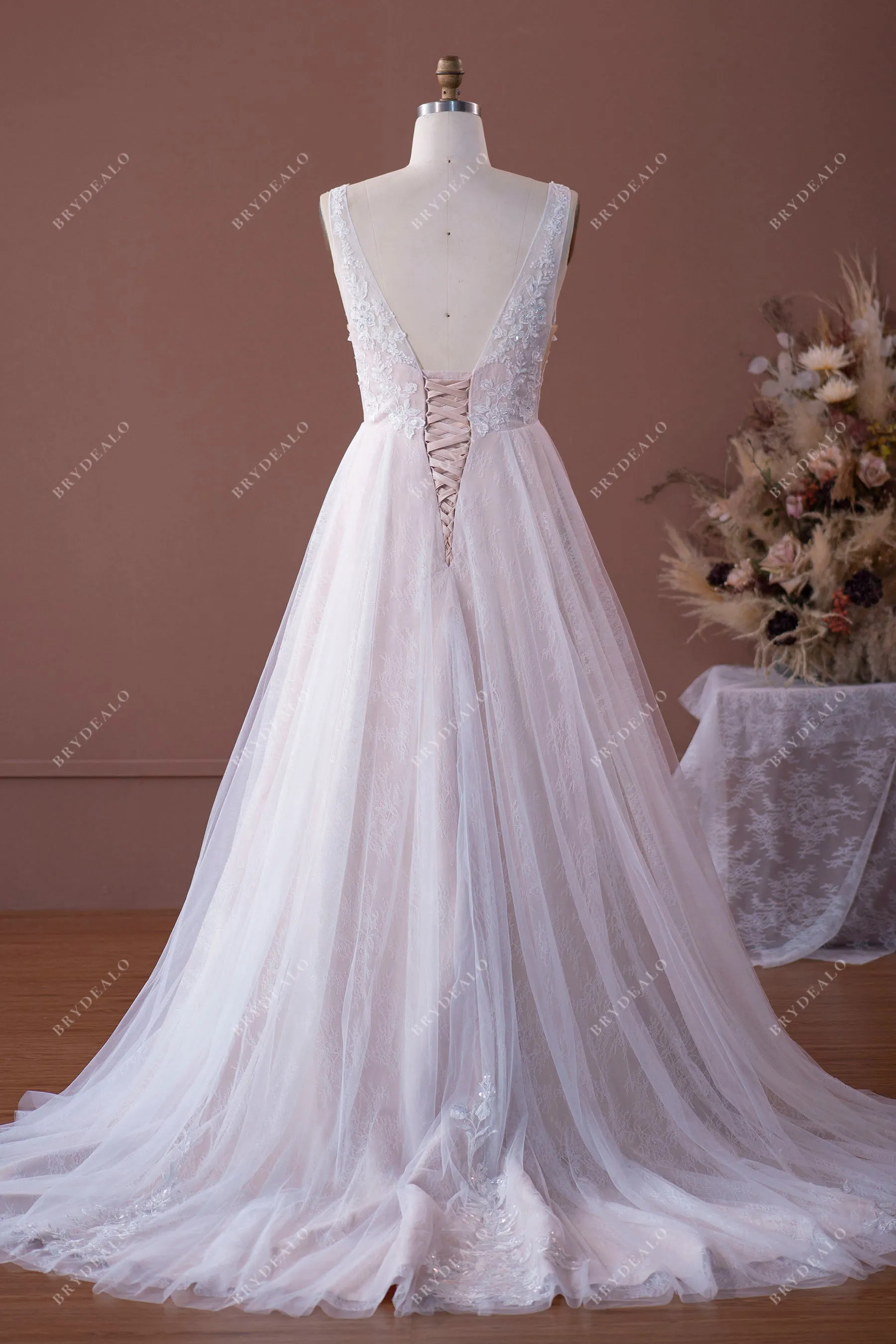 Beaded Floral Lace Plunging A-line Wedding Dress