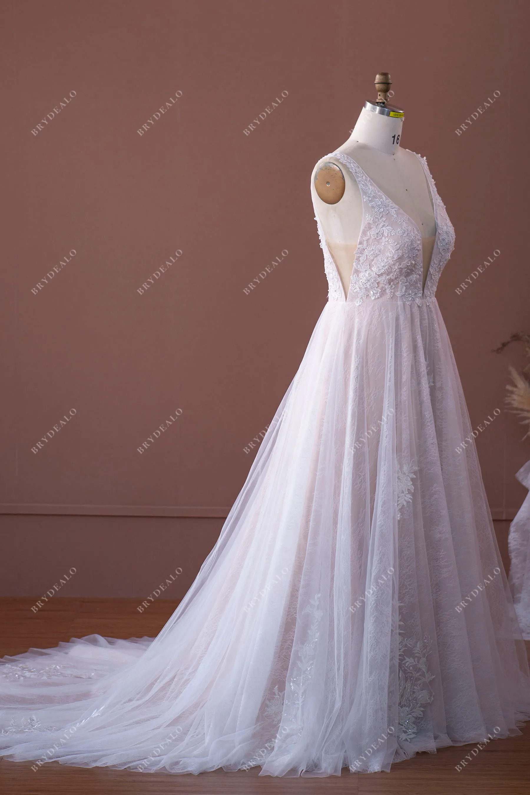 Beaded Floral Lace Plunging A-line Wedding Dress