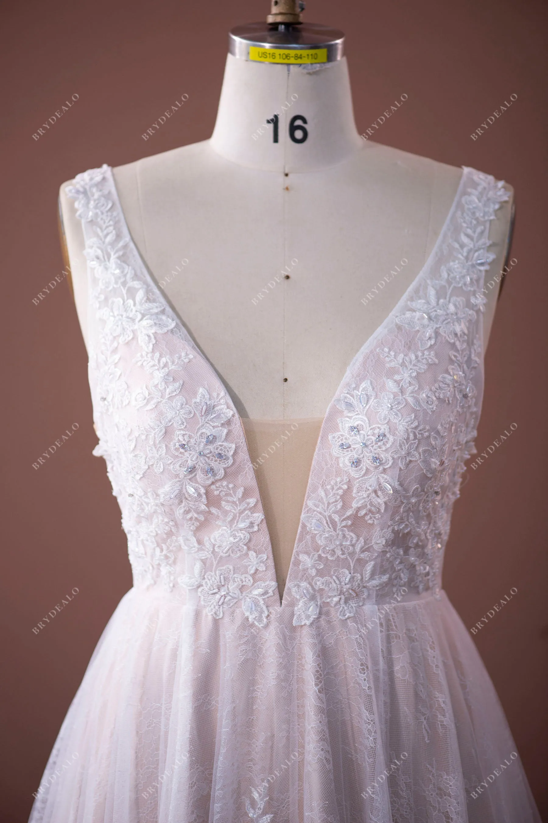 Beaded Floral Lace Plunging A-line Wedding Dress