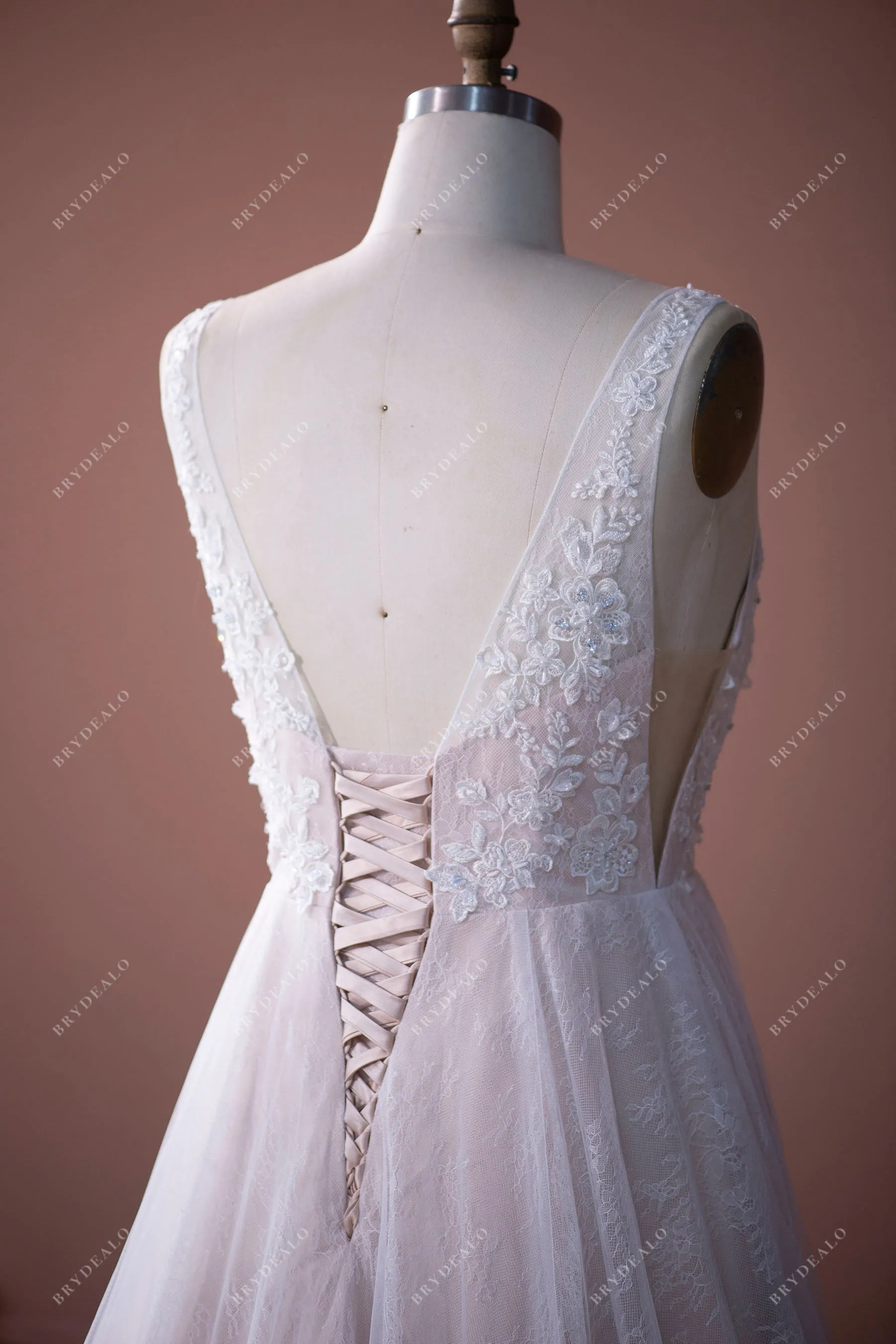 Beaded Floral Lace Plunging A-line Wedding Dress