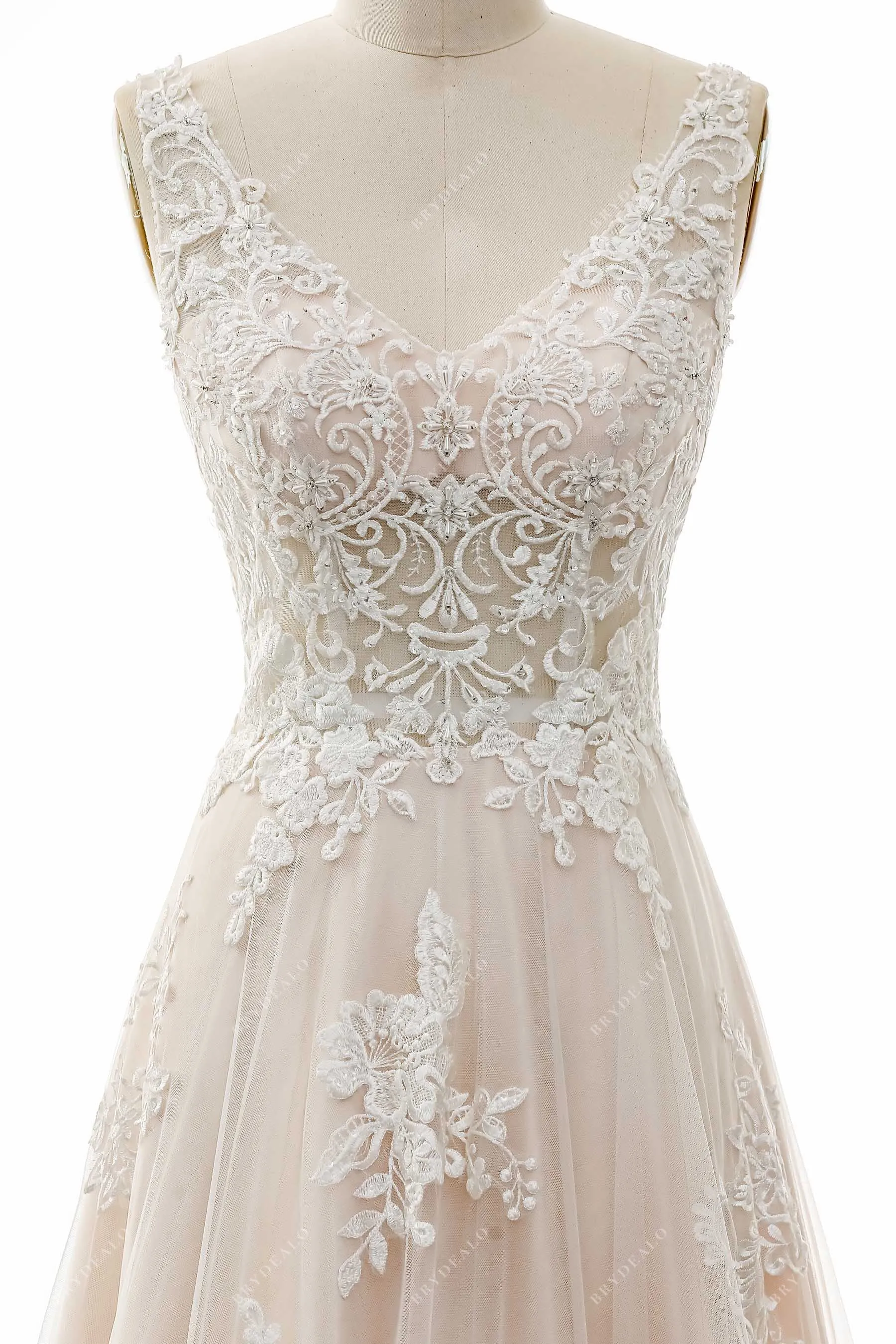 Beaded Straps V-neck Lace A-line Wedding Dress