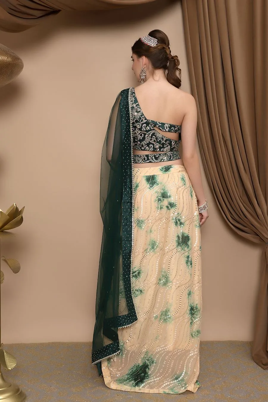 Beige and Green Tye-Dye Drape Lehenga with Green Choli and Dupatta with Belt