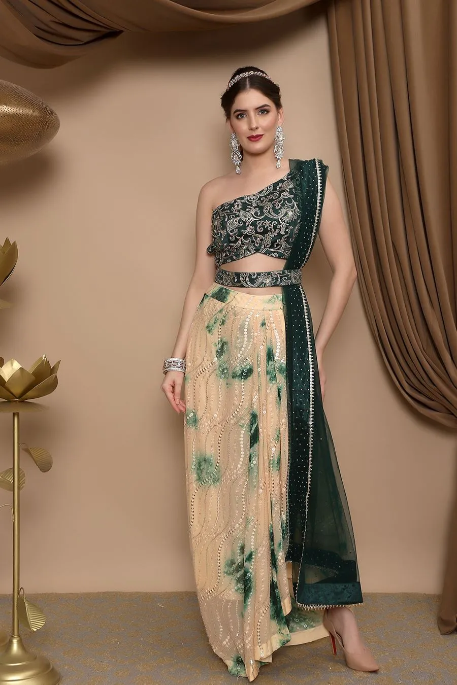 Beige and Green Tye-Dye Drape Lehenga with Green Choli and Dupatta with Belt