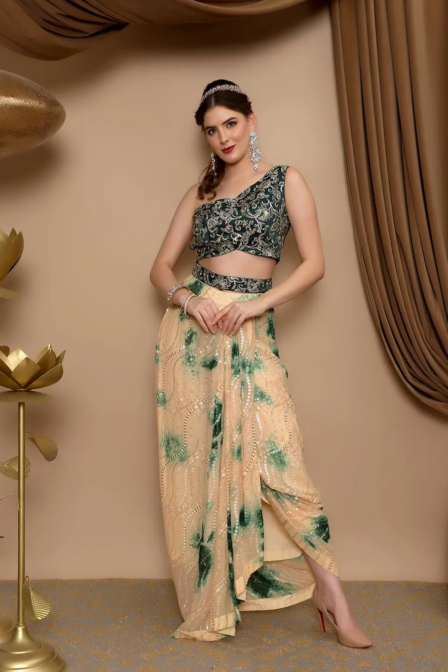 Beige and Green Tye-Dye Drape Lehenga with Green Choli and Dupatta with Belt