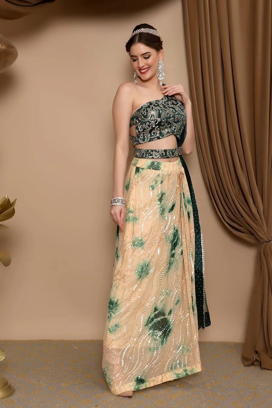 Beige and Green Tye-Dye Drape Lehenga with Green Choli and Dupatta with Belt