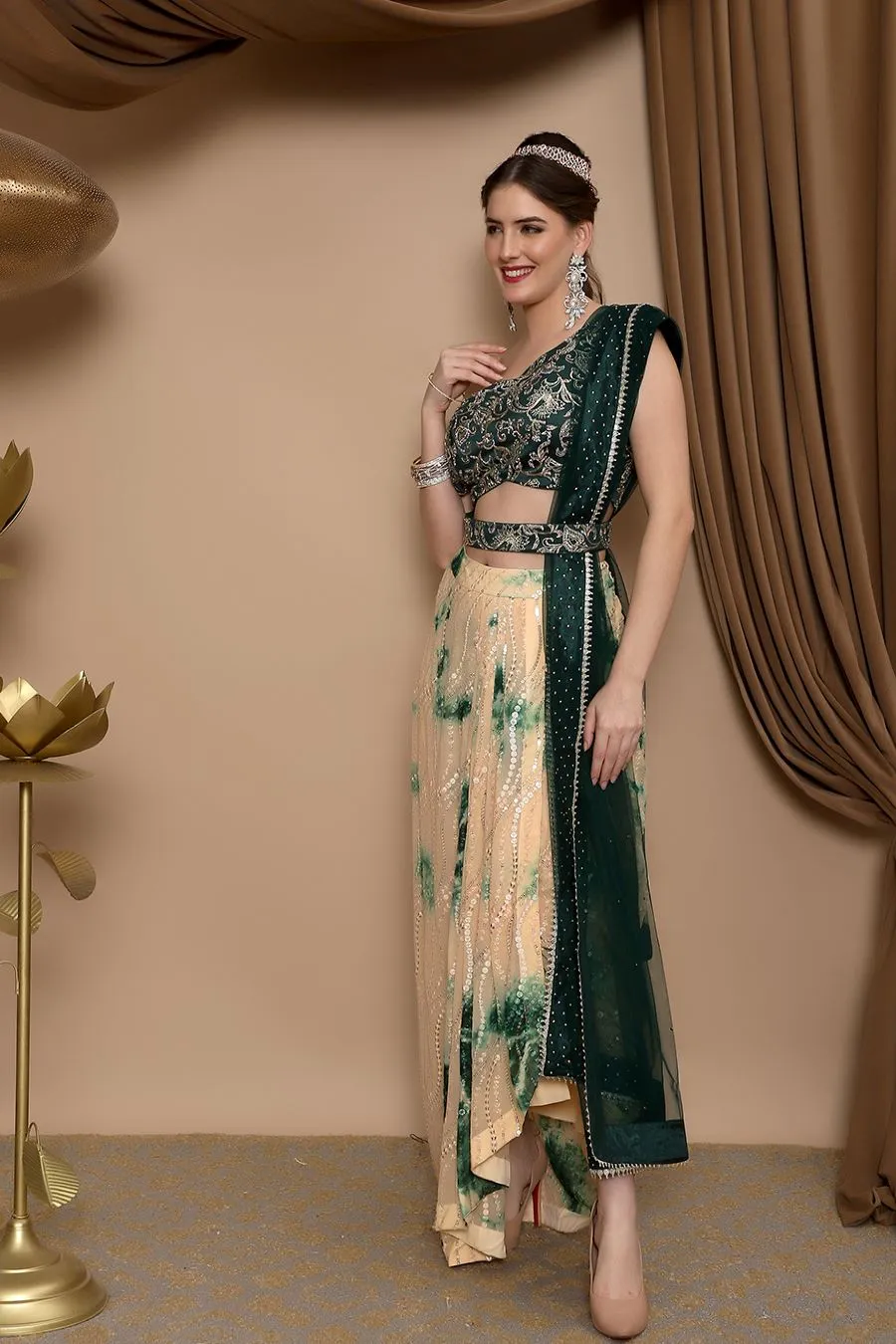 Beige and Green Tye-Dye Drape Lehenga with Green Choli and Dupatta with Belt