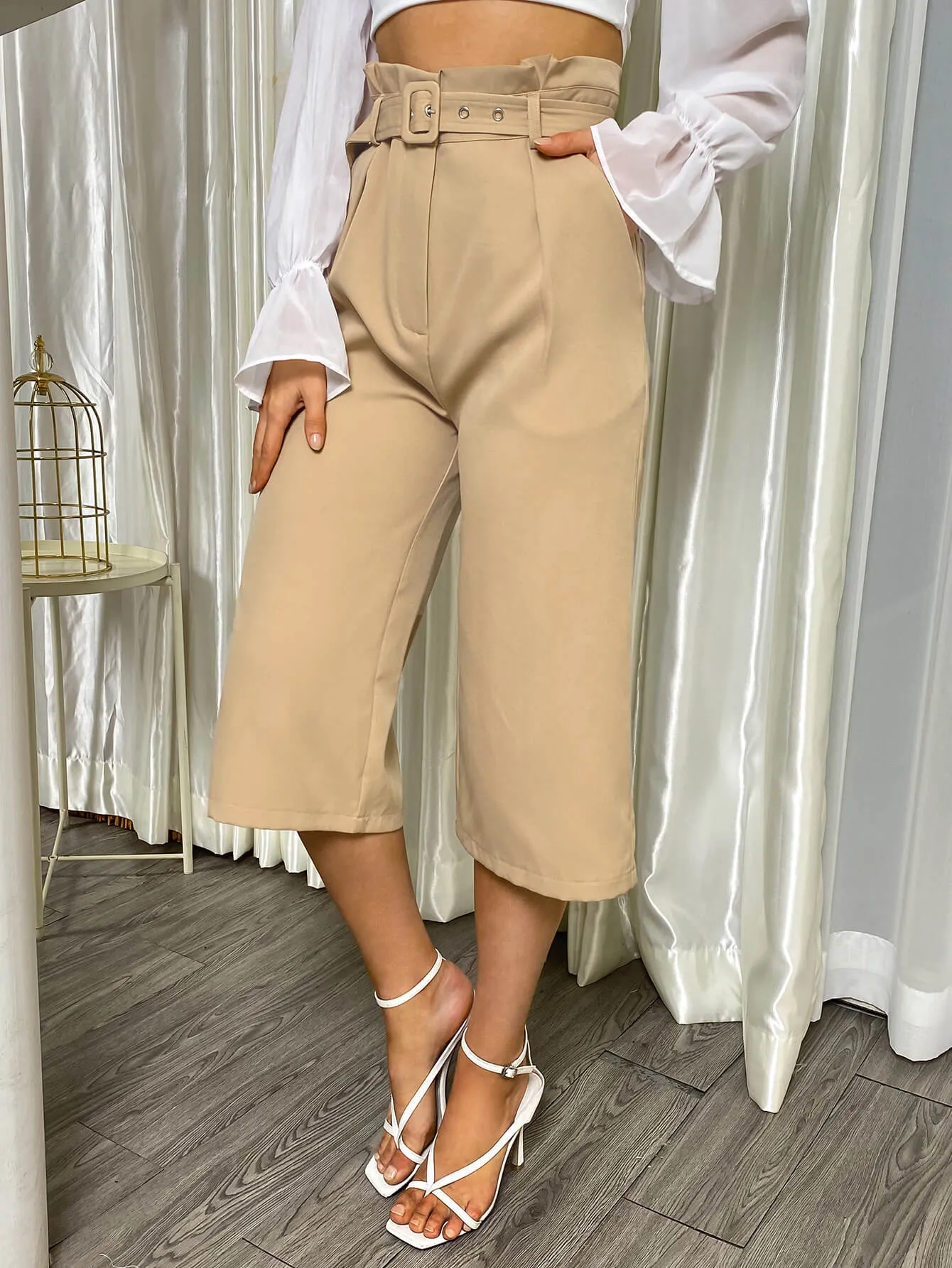 Belted Paperbag Wide Leg Pants