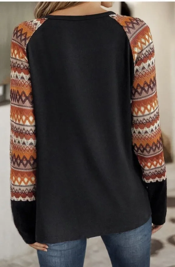 Black Long Sleeve Top w/Raglan Patchwork Sleeves - #7638-7641