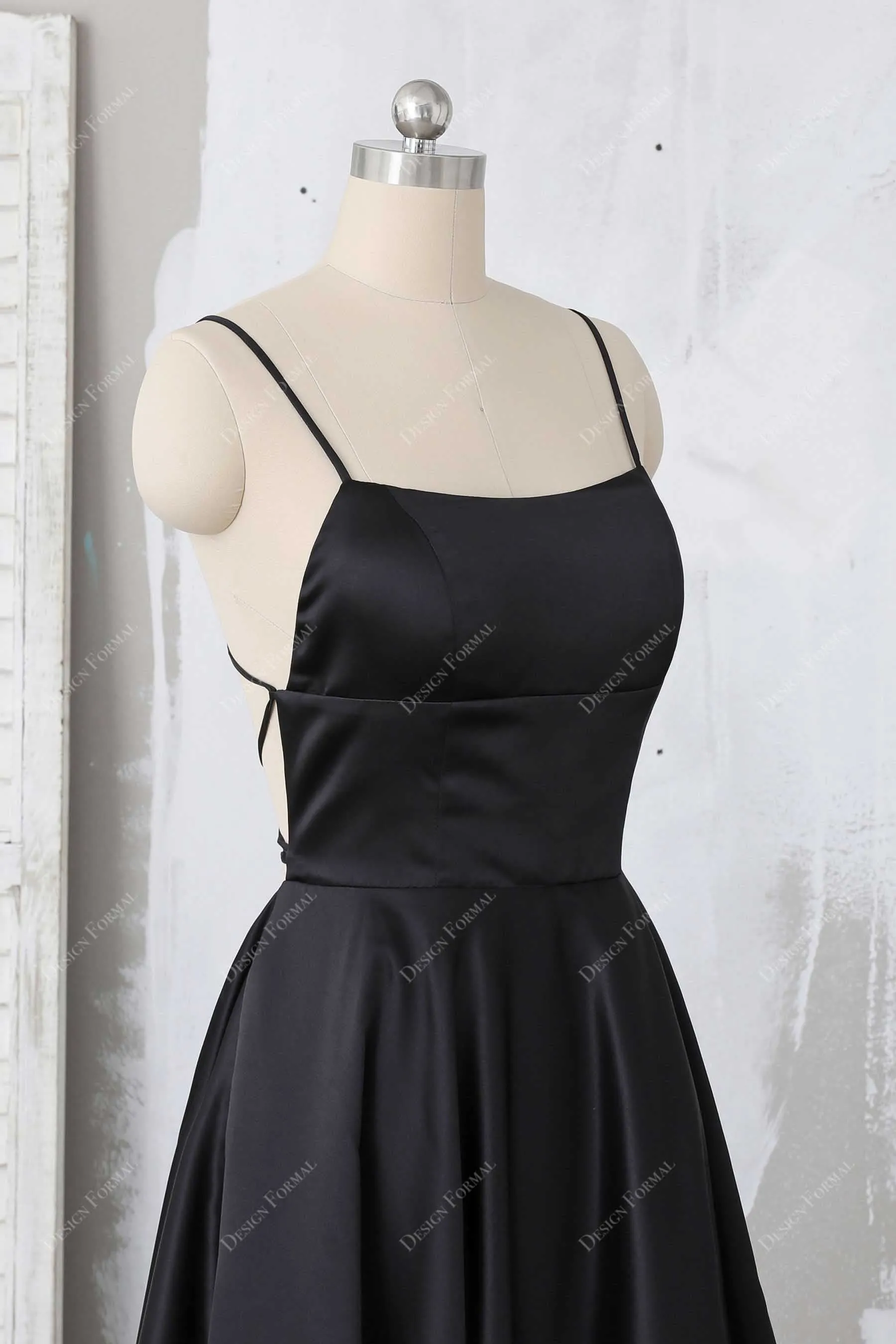 Black Satin Empire CrissCross Back Simple Open Back Prom Dress