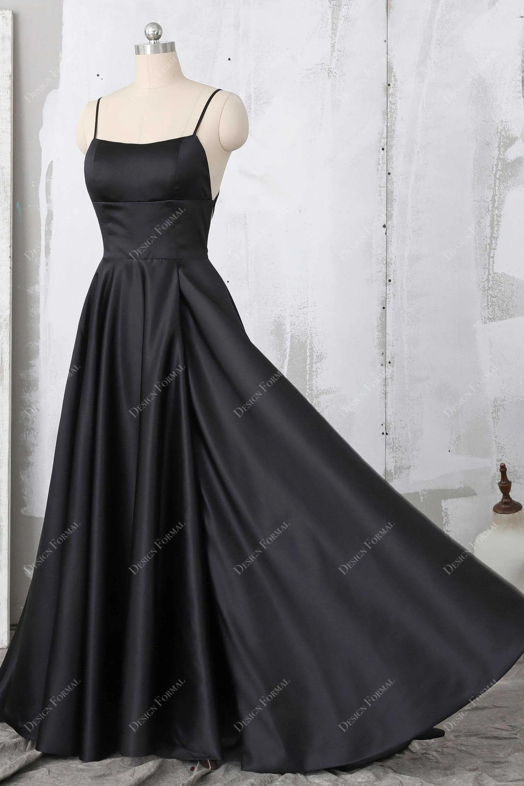 Black Satin Empire CrissCross Back Simple Open Back Prom Dress