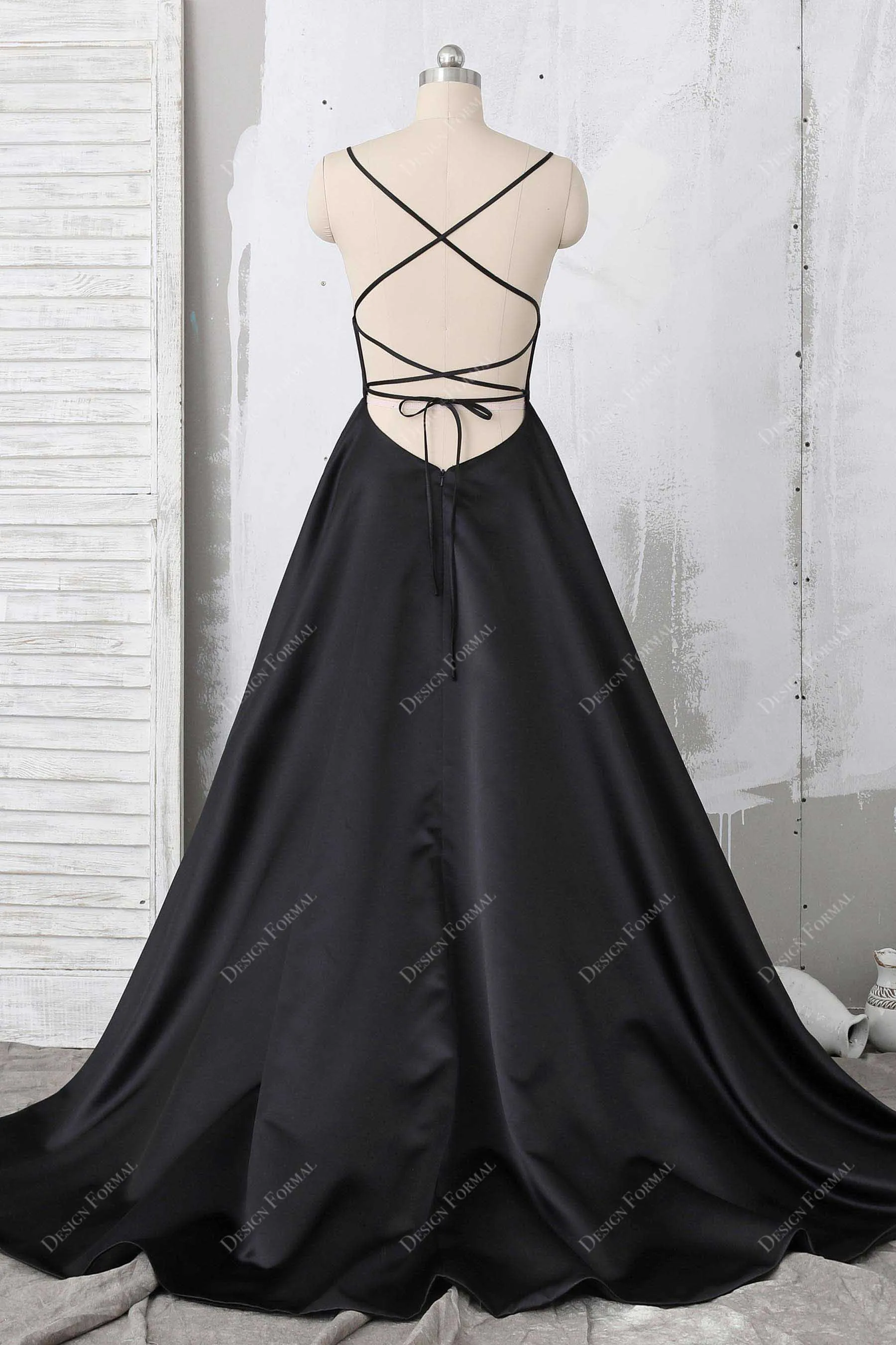 Black Satin Empire CrissCross Back Simple Open Back Prom Dress