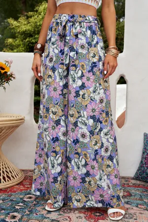 Blossom Floral Tie Belt Wide Leg Pants