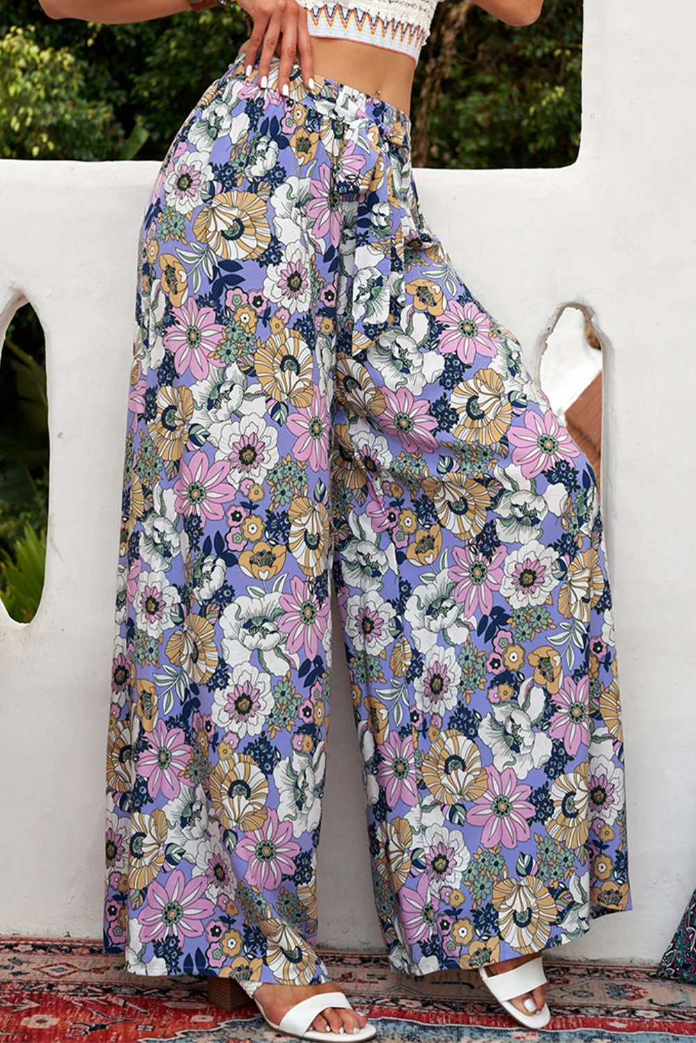 Blossom Floral Tie Belt Wide Leg Pants