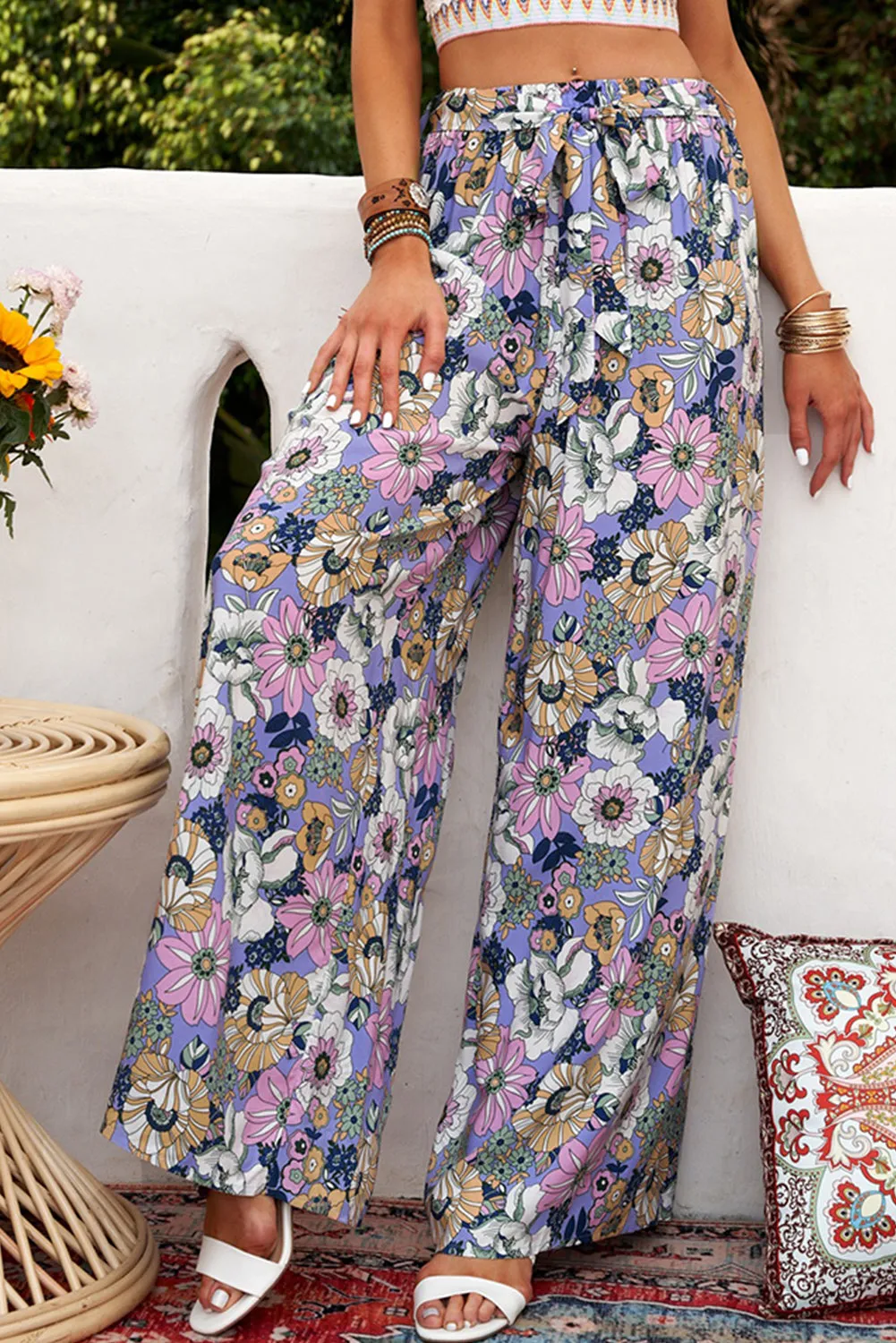 Blossom Floral Tie Belt Wide Leg Pants