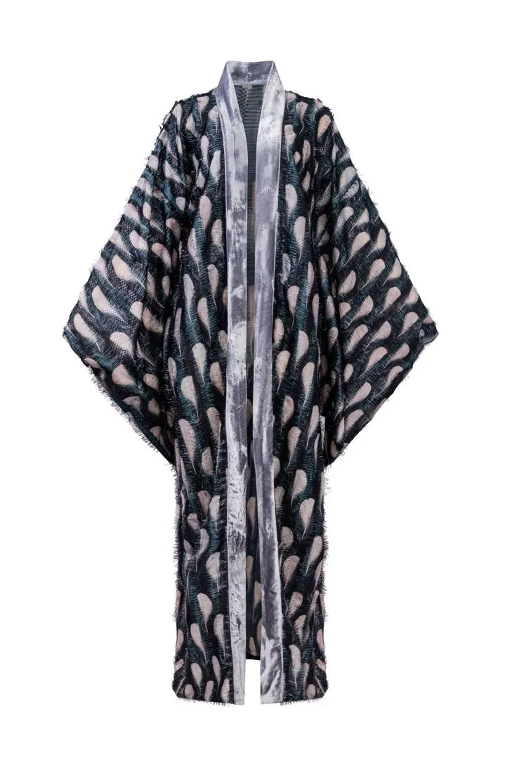 Blue Grey Eagle Feather Jacquard Classic Kimono