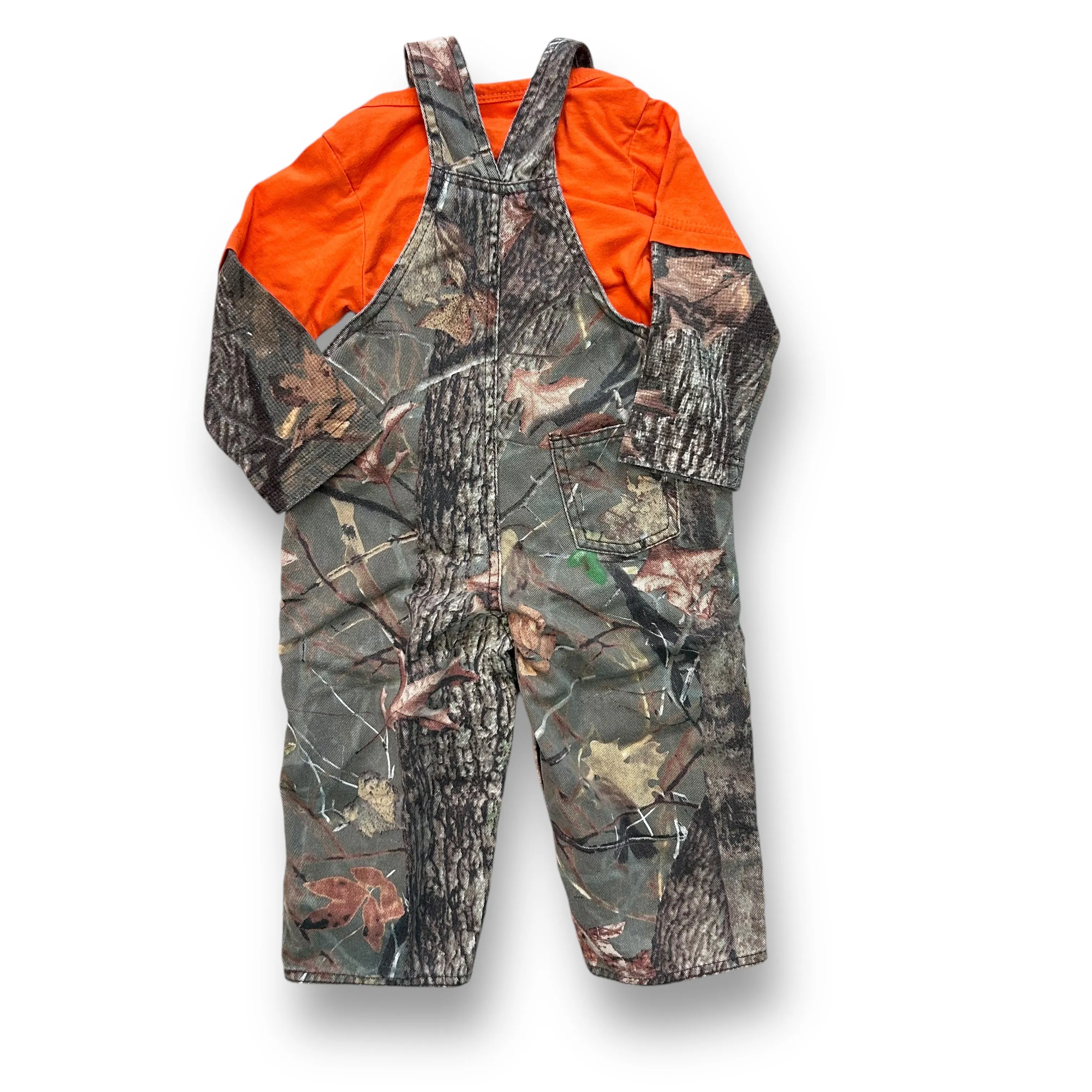 Boys Field & Stream Size 24 Months Green & Orange Camo 2-Pc Shirt & Bib Overalls