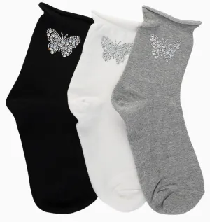 Butterfly Crystal Roll Top Crew Socks -White