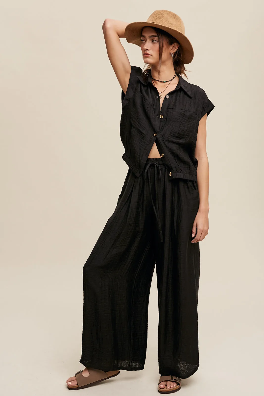 Button Down Top and Pleated Wide Leg Pants Set