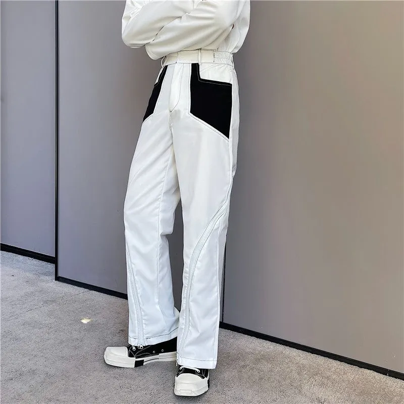 Casual Color Contrast Stitching Zipper Slits Wide Leg Pants