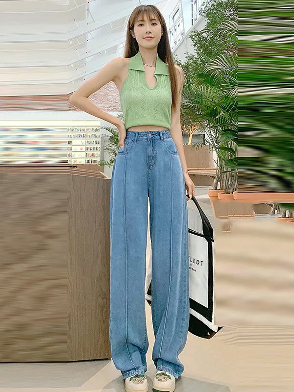 Casual High Waisted Tencel Wide Leg Jean Pants Bottoms