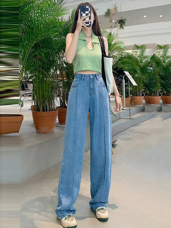 Casual High Waisted Tencel Wide Leg Jean Pants Bottoms