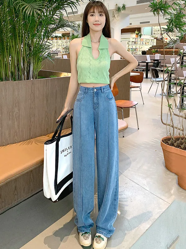 Casual High Waisted Tencel Wide Leg Jean Pants Bottoms