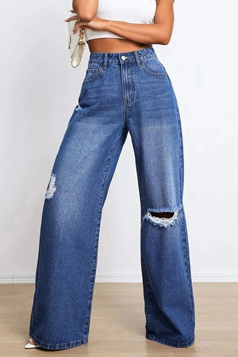 Casual Street Solid Ripped Loose Denim Jeans