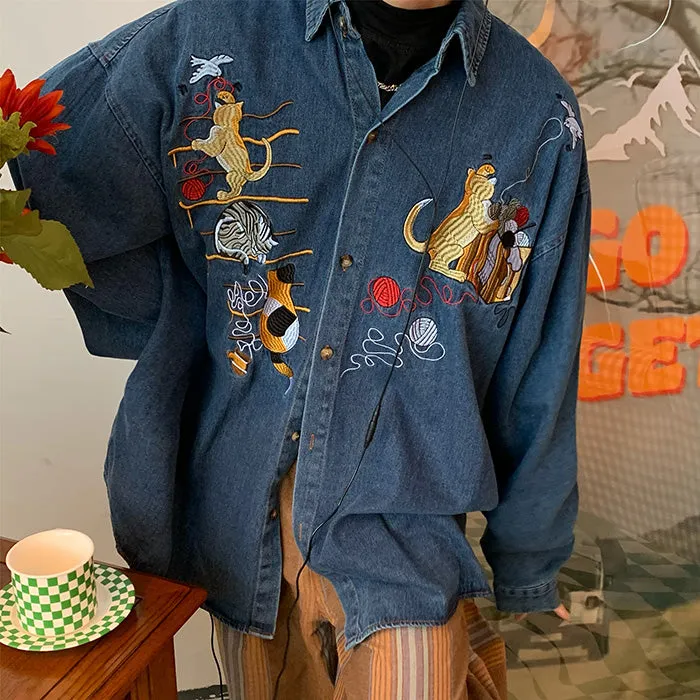 Cat Embroidery Vintage Style Denim Shirt