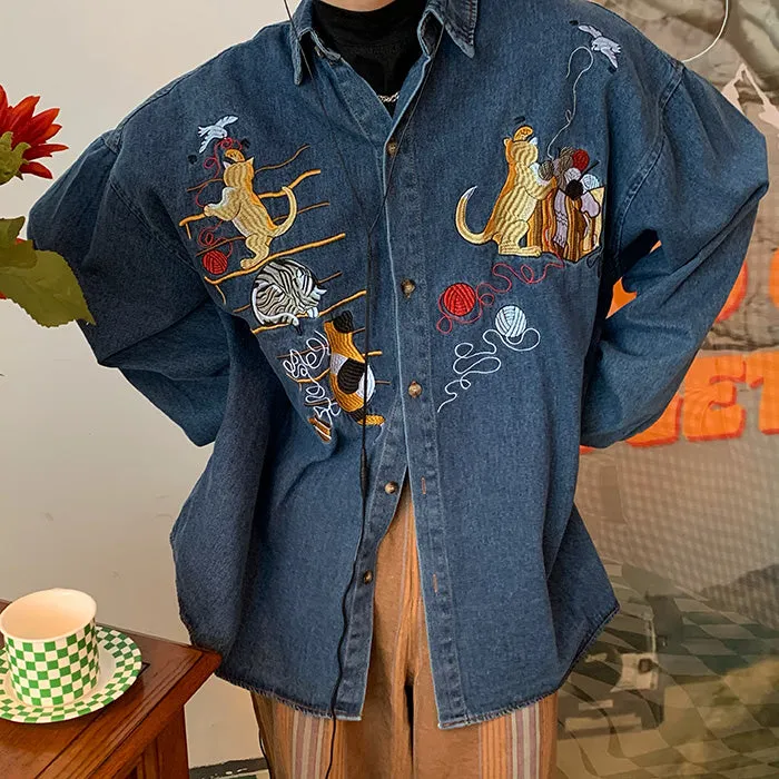 Cat Embroidery Vintage Style Denim Shirt