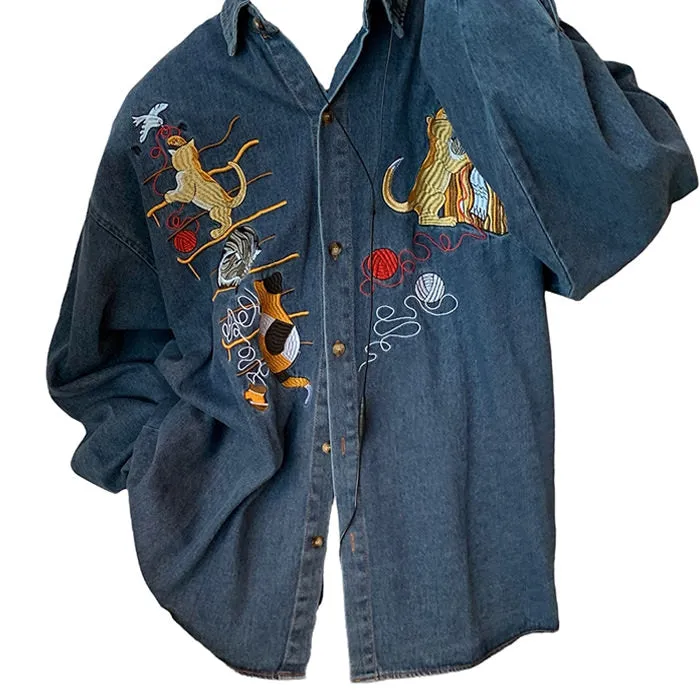 Cat Embroidery Vintage Style Denim Shirt