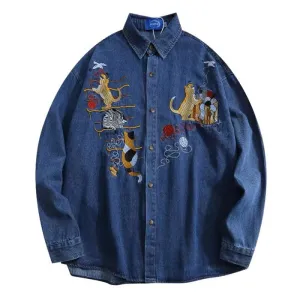 Cat Embroidery Vintage Style Denim Shirt