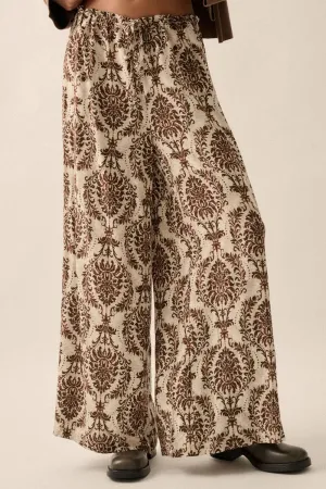 Chocolate Abstract-Print Ruffled Wide-Leg Woven Pants