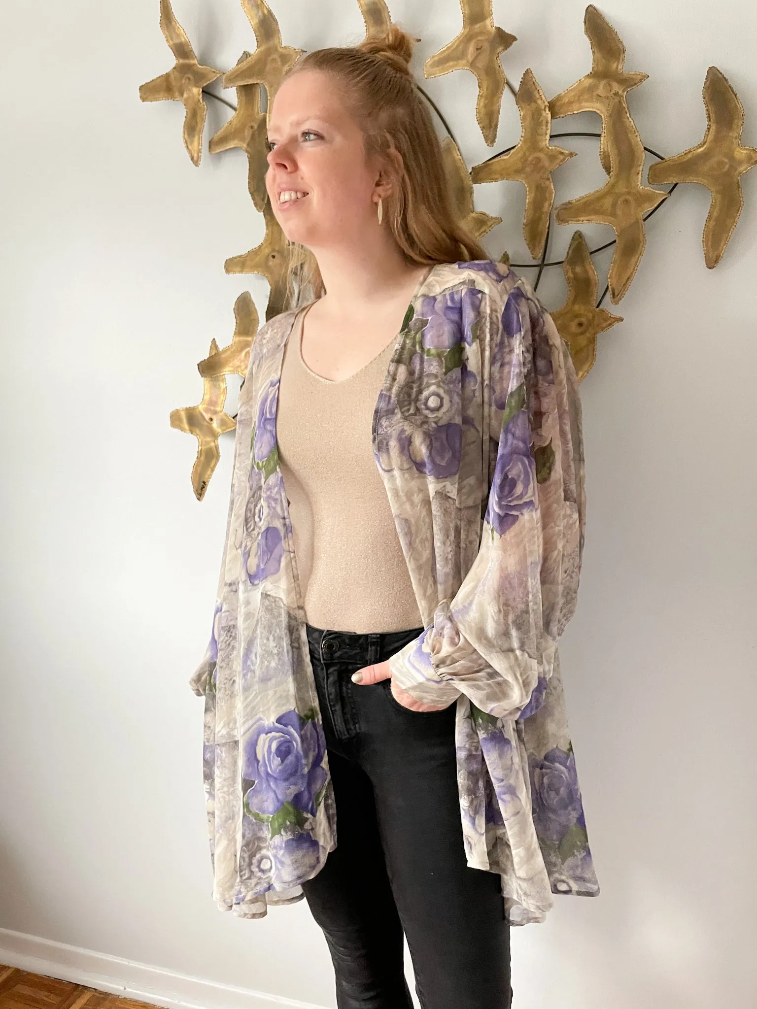 Chére Marie Vintage 100% Silk Purple Floral Balloon Sleeve Duster Shawl - XL/XXL