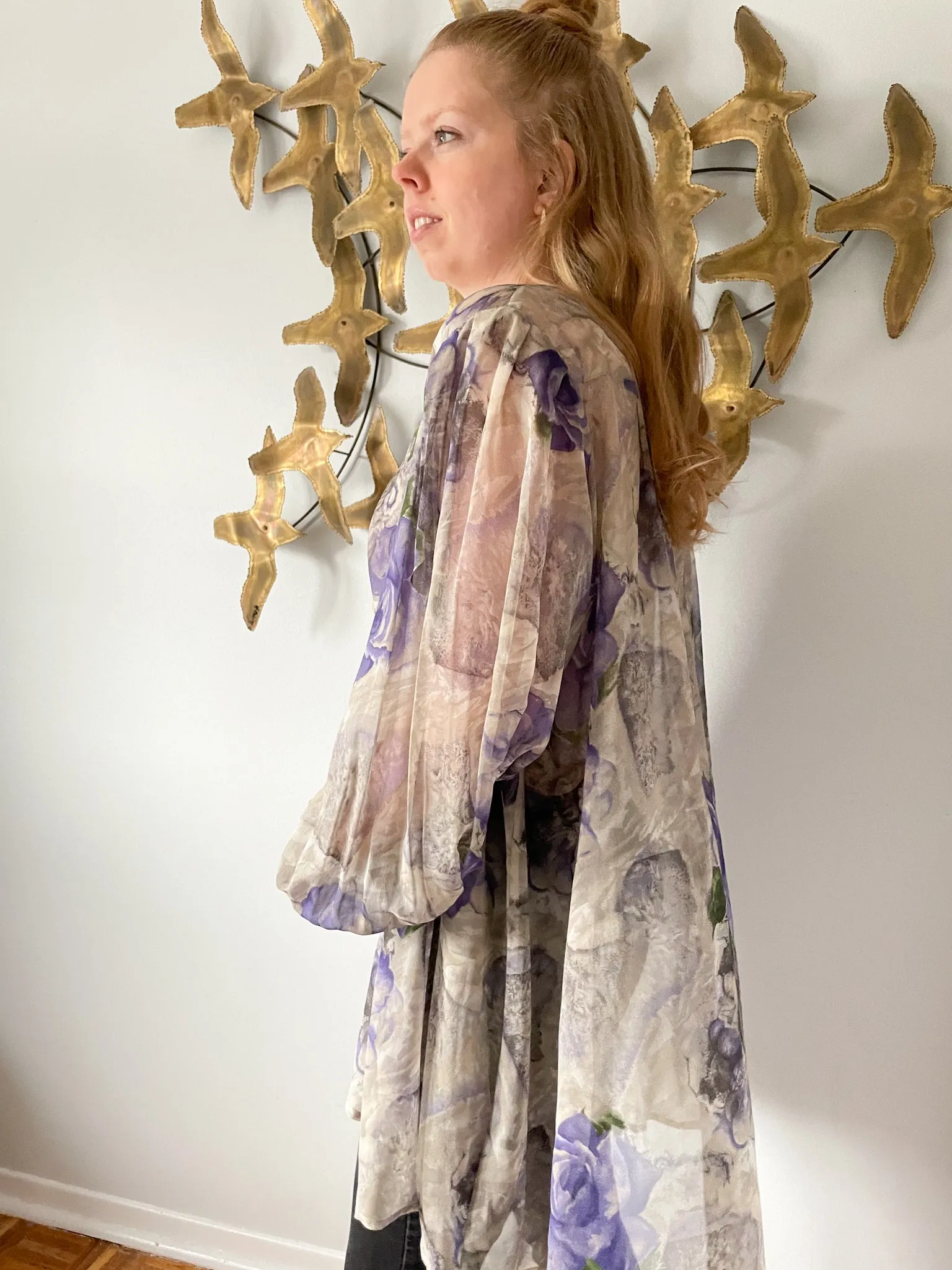 Chére Marie Vintage 100% Silk Purple Floral Balloon Sleeve Duster Shawl - XL/XXL