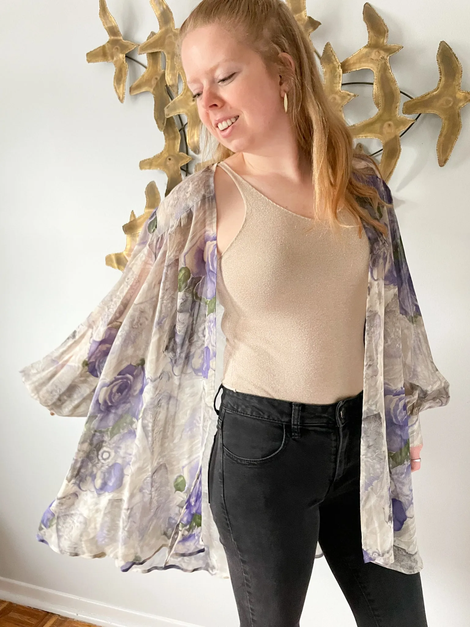 Chére Marie Vintage 100% Silk Purple Floral Balloon Sleeve Duster Shawl - XL/XXL