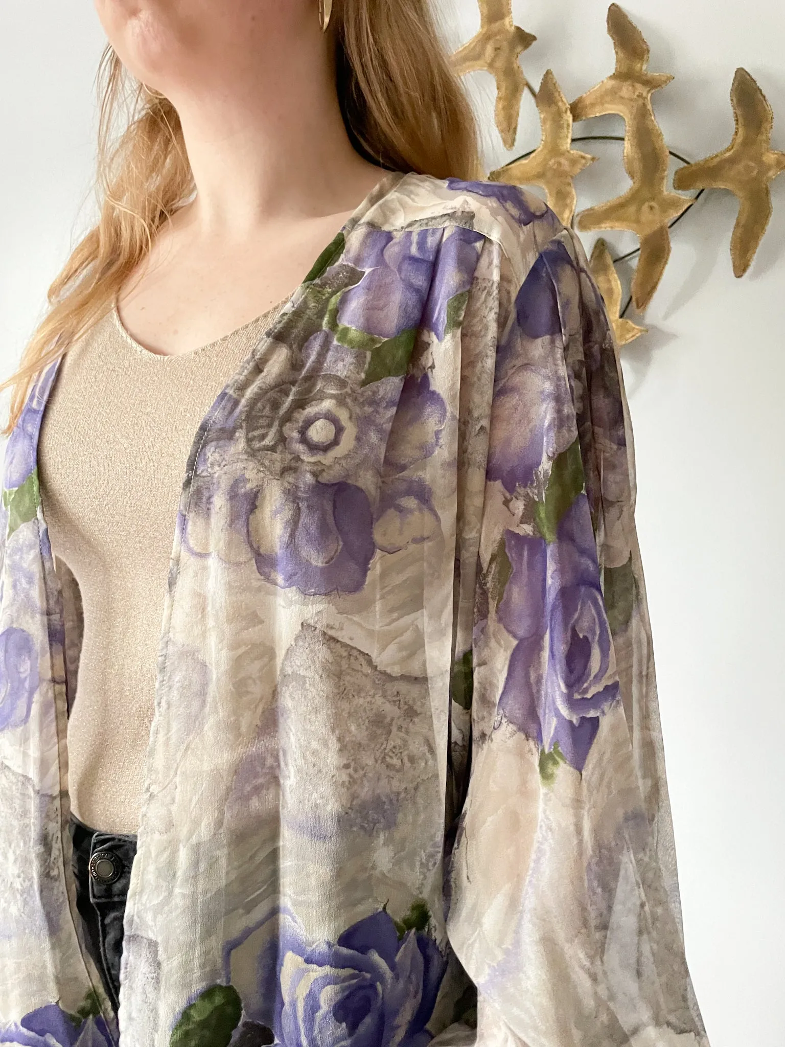 Chére Marie Vintage 100% Silk Purple Floral Balloon Sleeve Duster Shawl - XL/XXL