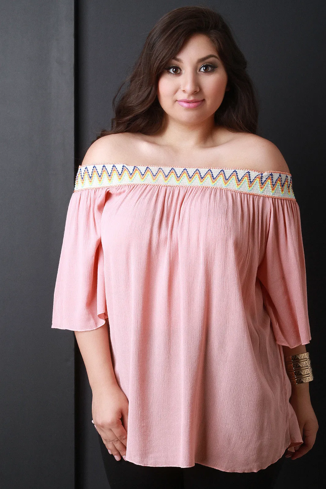 Embroidered Elastic Off The Shoulder Blouse