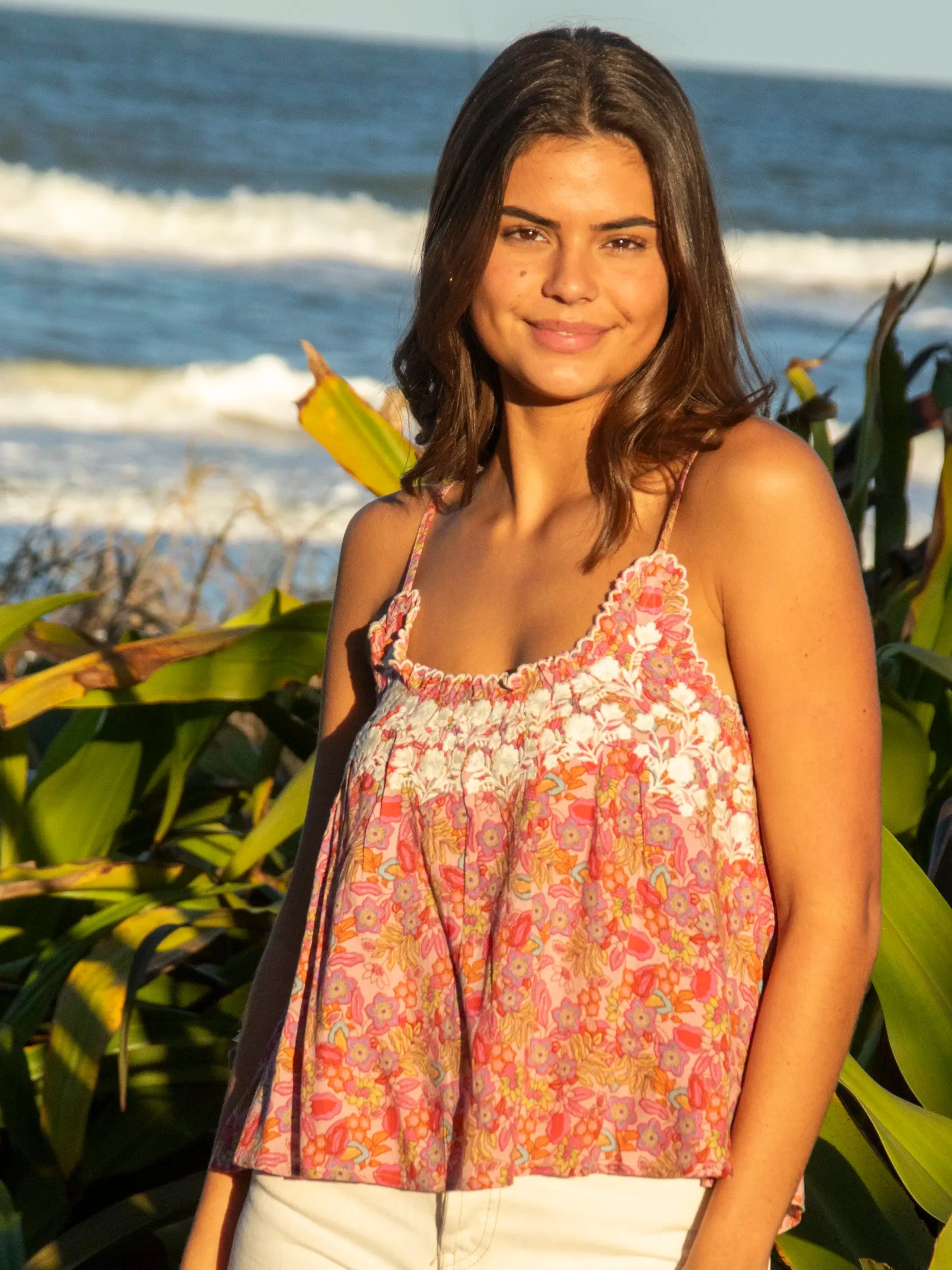 Embroidered Harley Top - Pink Leafy Floral