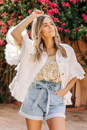 Emelie Ruffle Denim Jacket in White