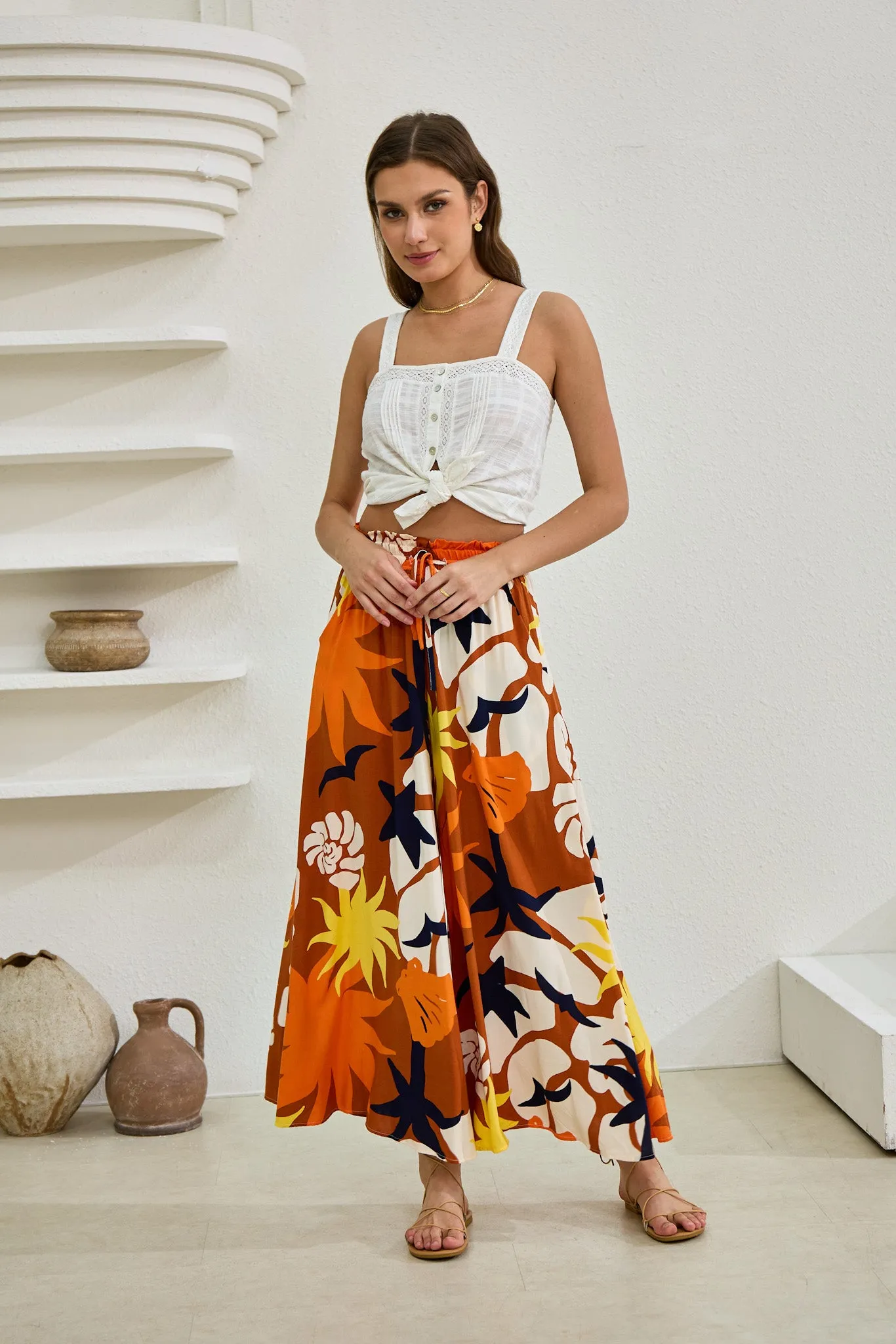 Esmeralda Orange Abstract Wide Leg Cropped Pants