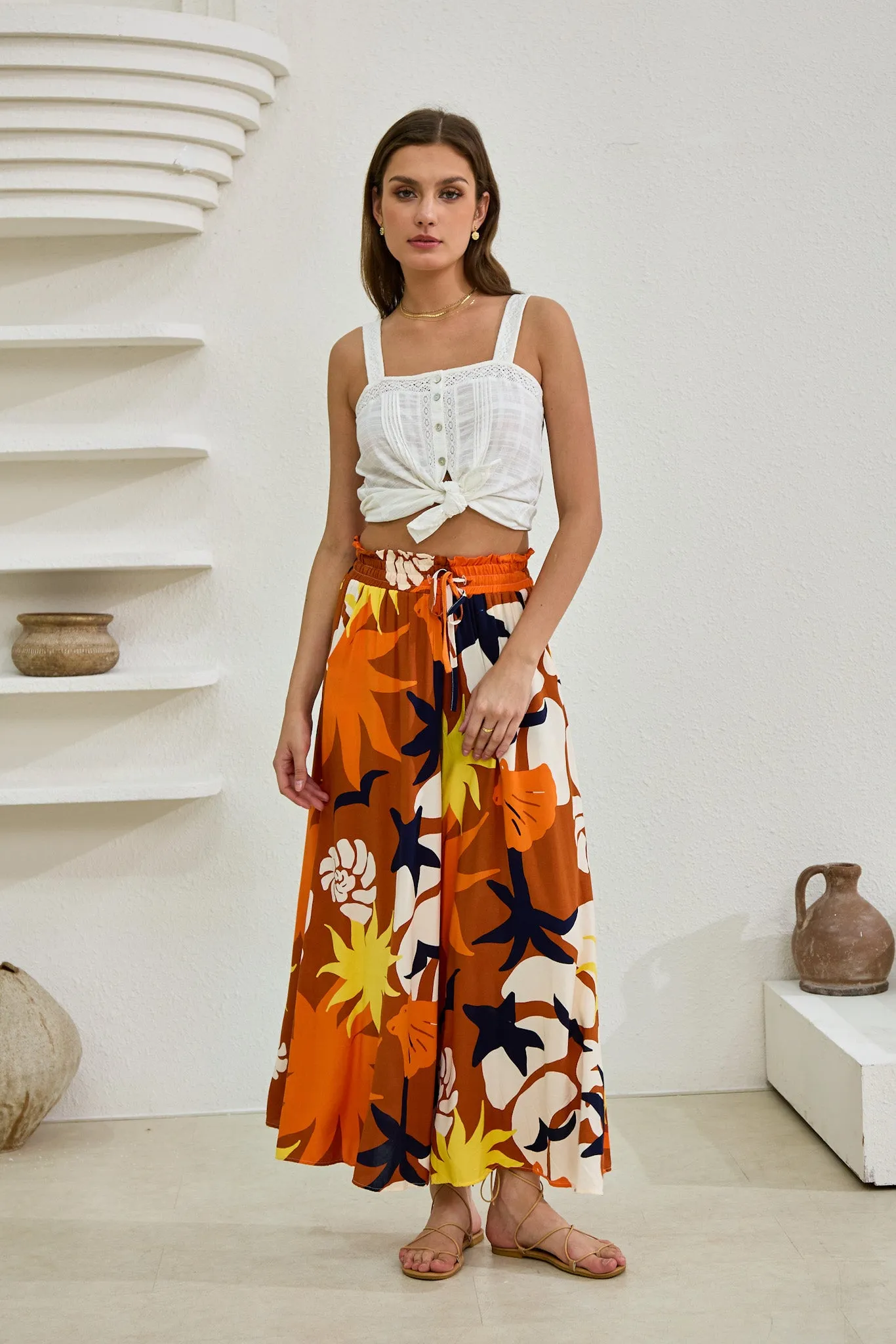 Esmeralda Orange Abstract Wide Leg Cropped Pants