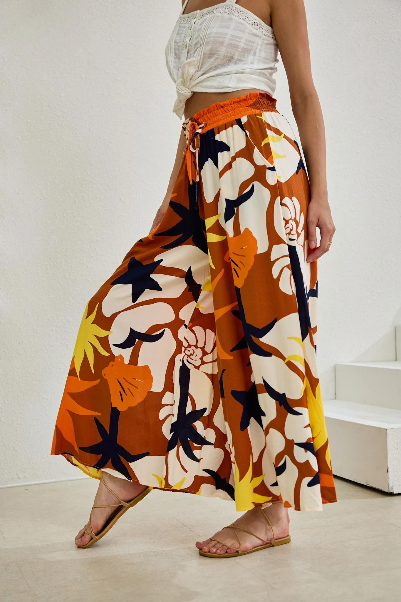 Esmeralda Orange Abstract Wide Leg Cropped Pants